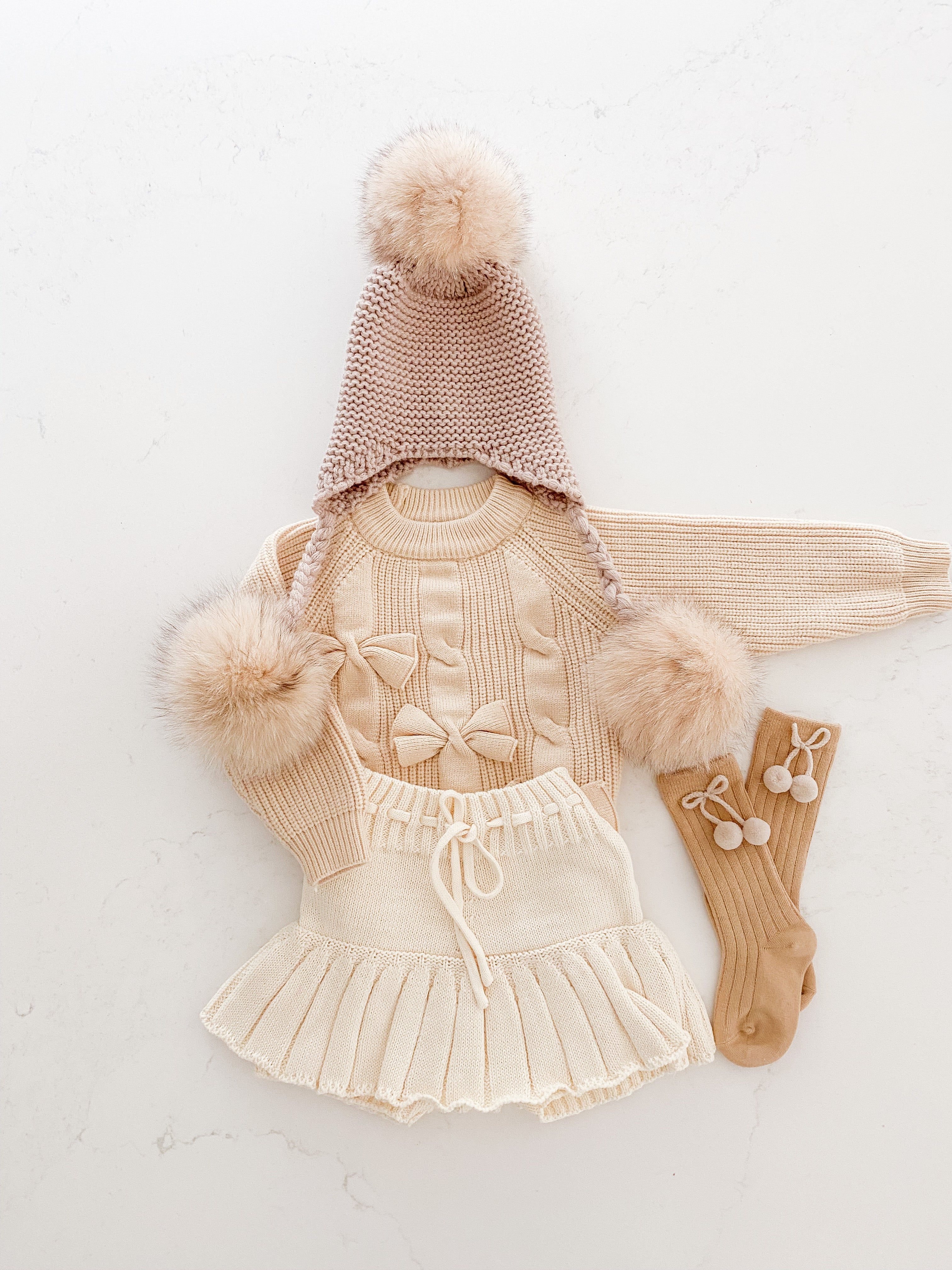 Furry Pom Pom Hat - Beige